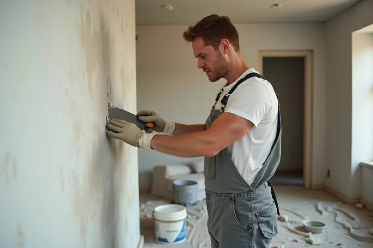 Homme en travail de plâtrage intérieur dans une pièce rénovée
