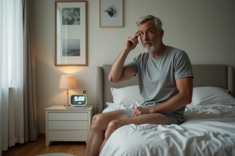 Homme d'âge moyen au réveil dans une chambre chaleureuse