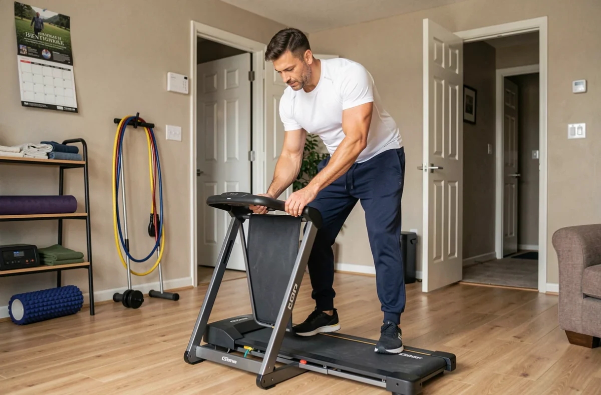 Homme assemblant un tapis de course pliant dans un espace fitness aménagé à la maison avec équipements de sport rangés