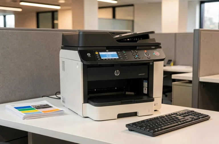 Imprimante multifonction HP Color LaserJet Pro MFP M281fdw posée sur un bureau de bureau moderne avec documents imprimés en couleur