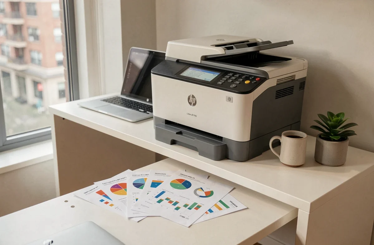 Vue d'ensemble d'un bureau à domicile avec l'imprimante HP Color LaserJet Pro MFP M281fdw entourée d'accessoires de travail et de documents imprimés