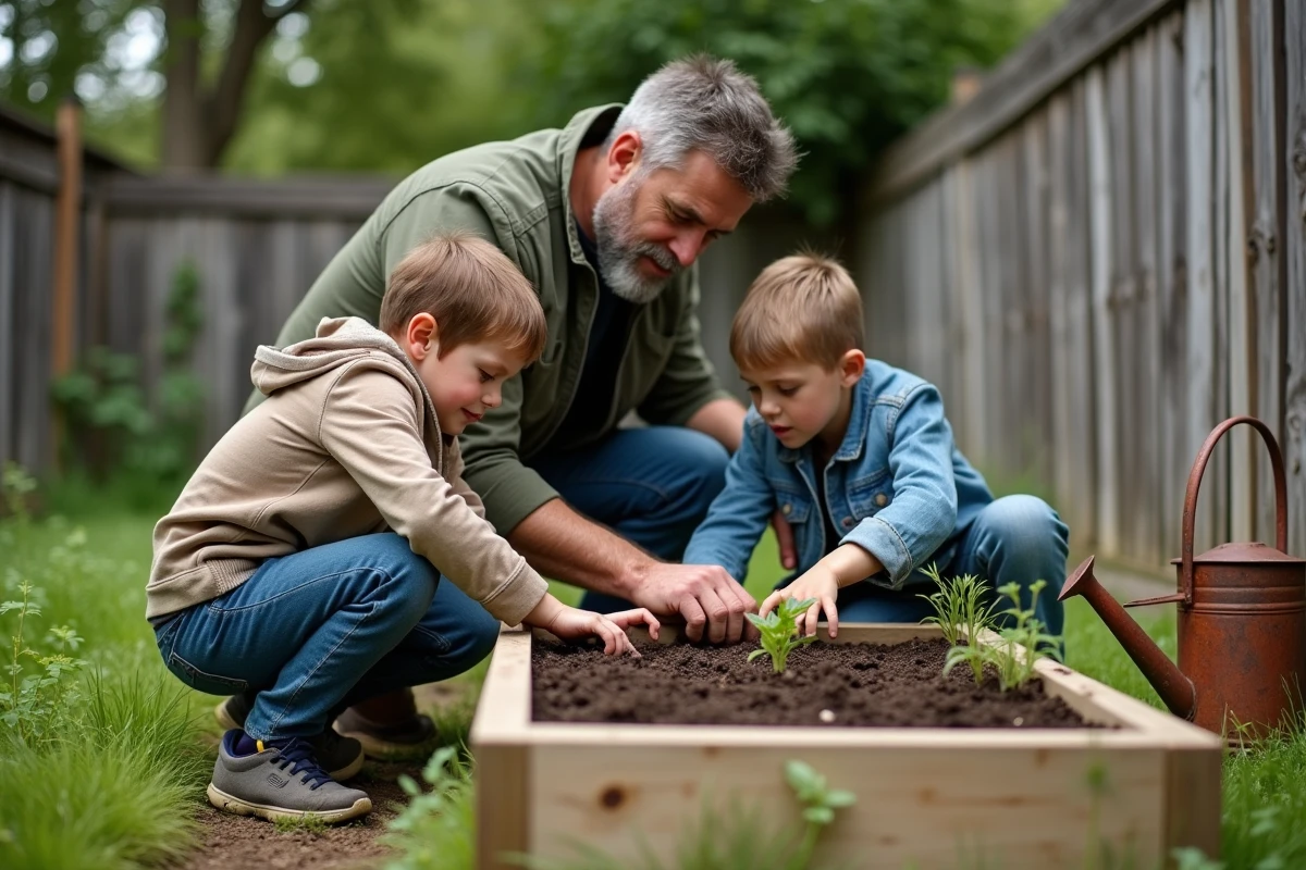Père et enfants plantant des légumes ensemble dans un potager surélevé en bois dans un jardin familial suburban