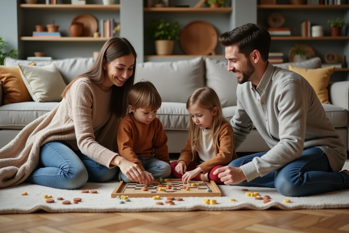 Parents et enfants jouant à un jeu de société sur le plancher du salon lors d'un moment de complicité familiale le week-end