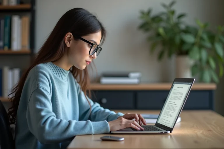 Jeune femme concentrée devant son ordinateur en bureau