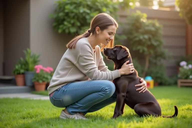 Jeune femme jouant avec un chiot Beagador dans un jardin