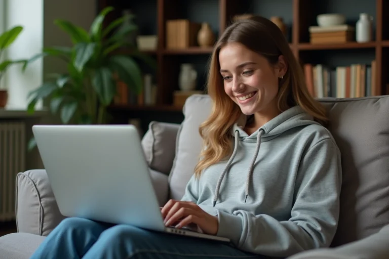 Jeune femme souriante sur un canapé avec ordinateur portable
