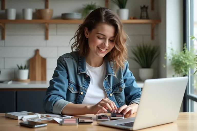 Jeune femme souriante organisant des échantillons de maquillage