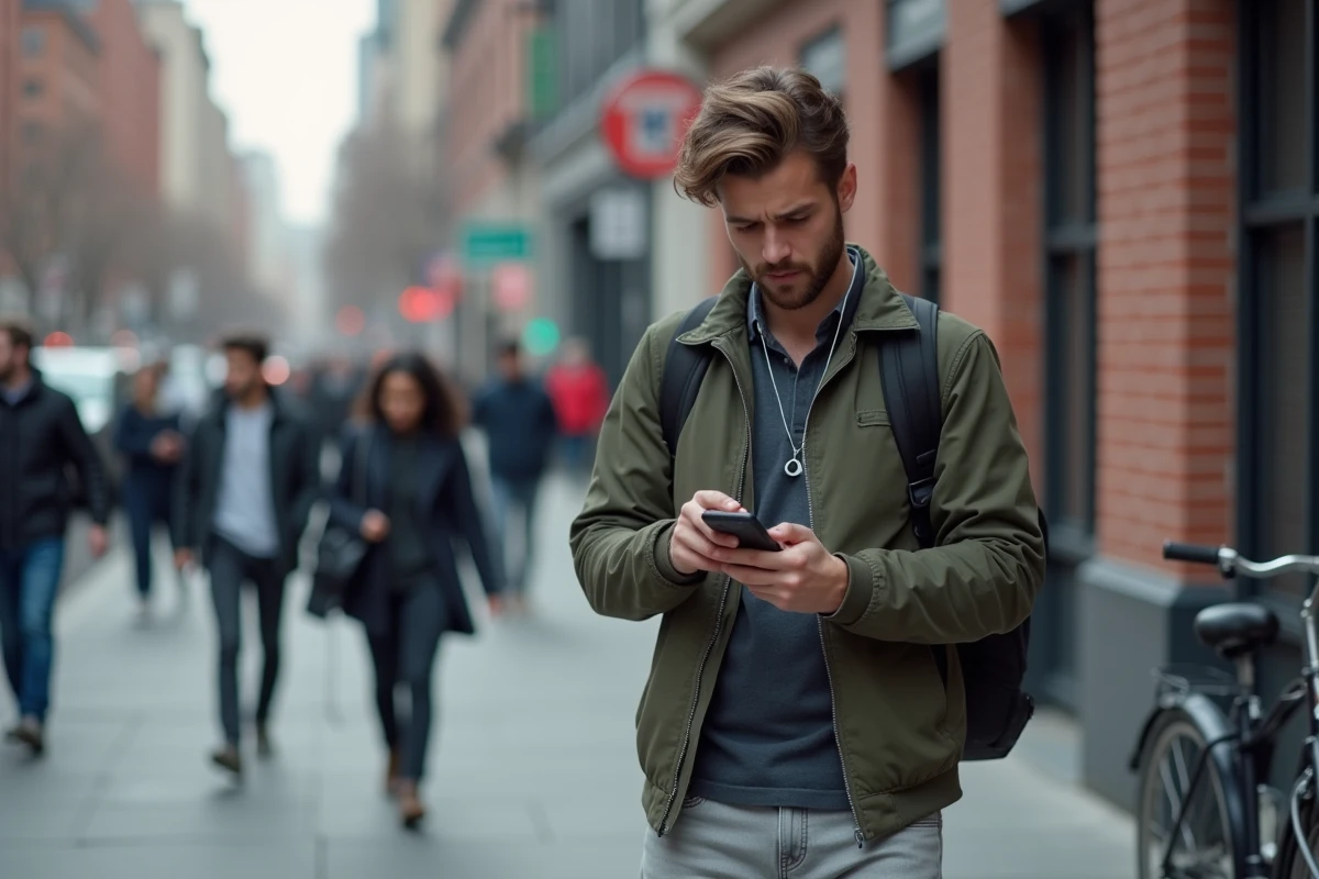 Jeune homme cherchant un numéro inconnu via un annuaire inversé gratuit depuis son portable en ville