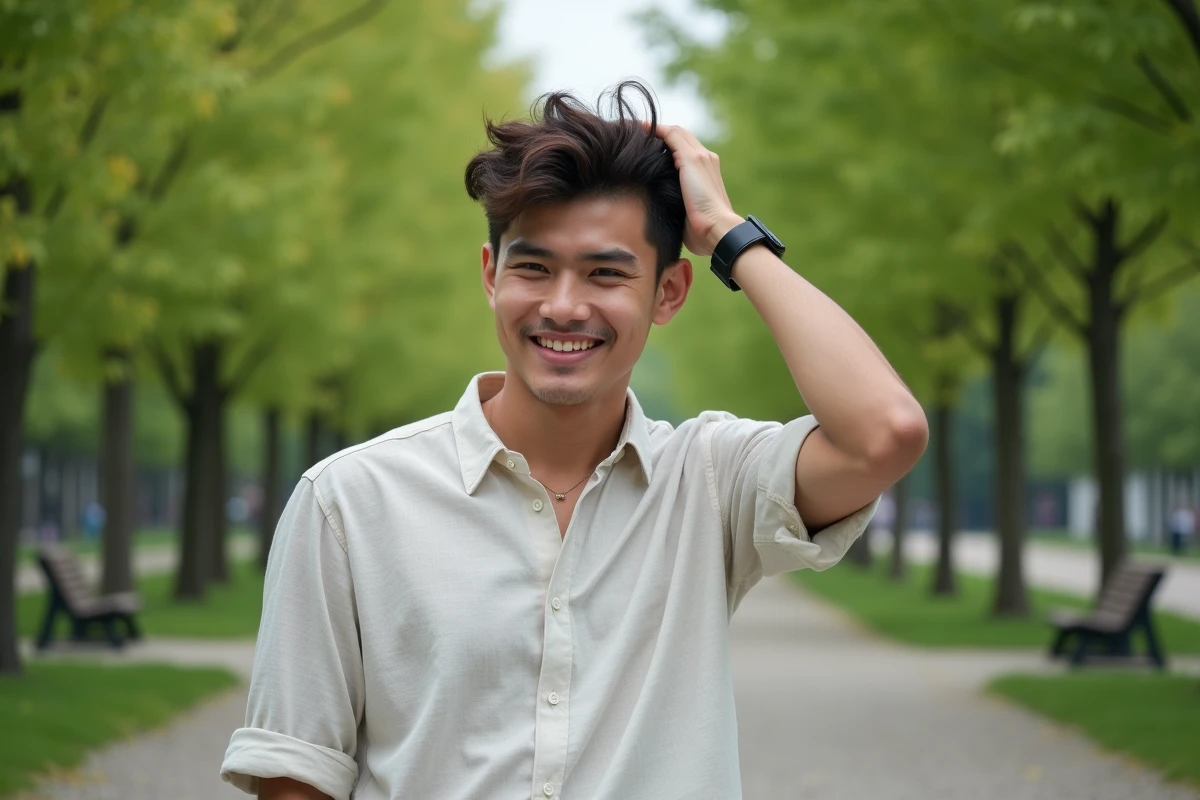 Jeune homme dans un parc urbain avec chemise en lin