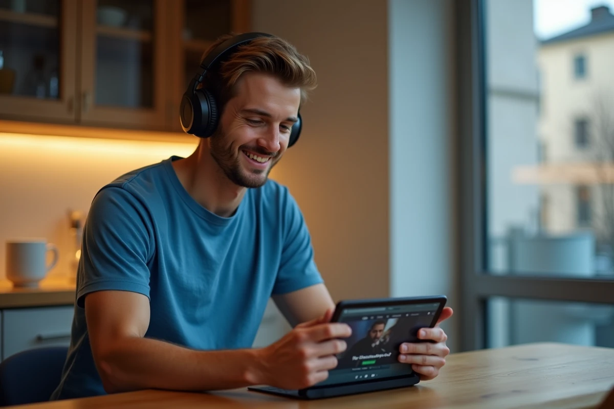 Jeune homme regardant un film sur une tablette dans la cuisine