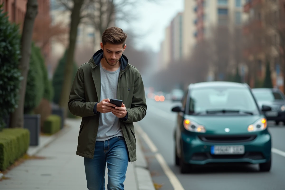 Jeune homme marchant vers sa voiture en ville