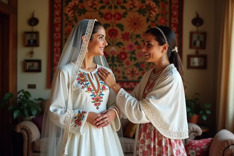 Jeune mariée romani en robe blanche avec mère dans un intérieur chaleureux