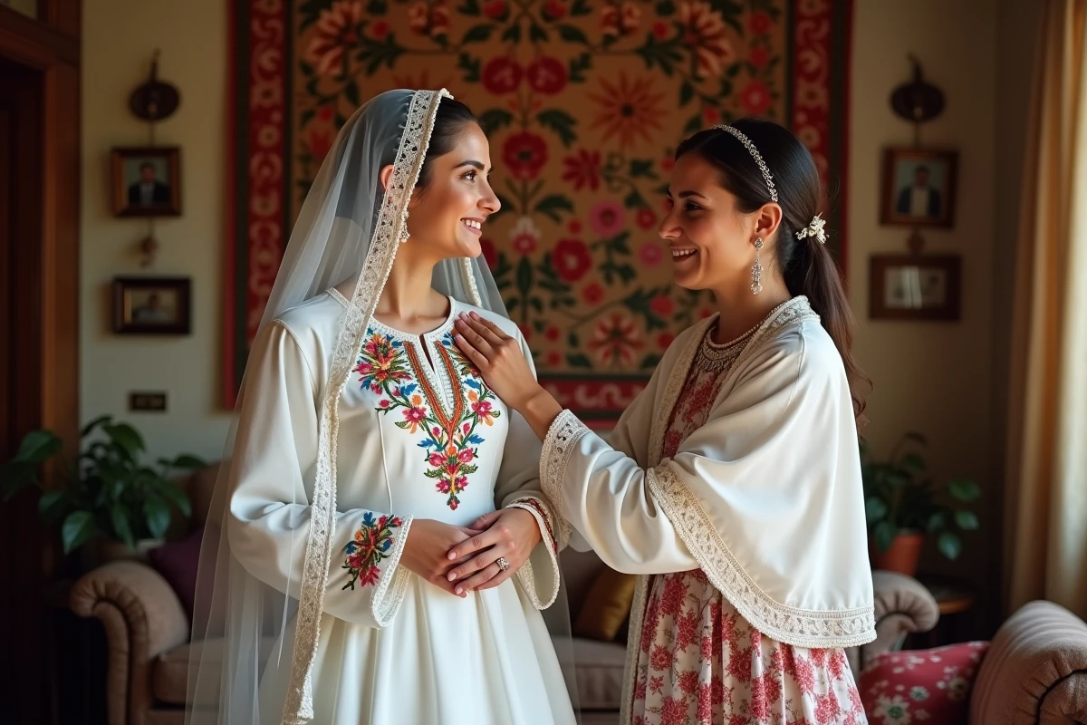 Jeune mariée romani en robe blanche avec mère dans un intérieur chaleureux