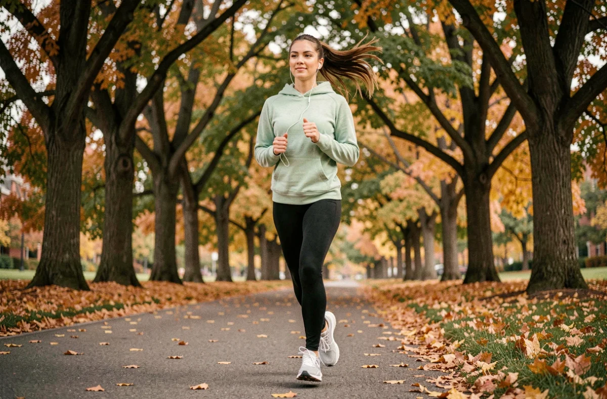 Femme faisant du jogging dans un parc en automne, illustrant l'activité physique régulière pour améliorer son hygiène de vie