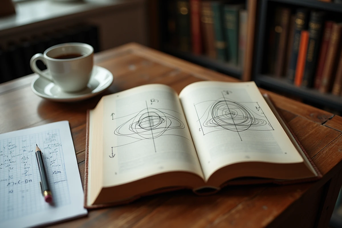 Livre de physique ouvert sur un bureau avec des schémas explicatifs des quatre dimensions de l'univers et des notes manuscrites