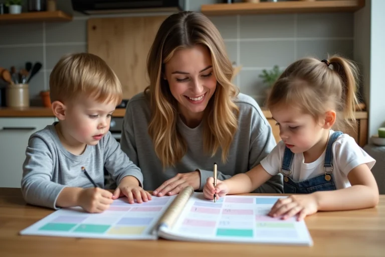 Maman et enfants organisent un planning familial dans la cuisine