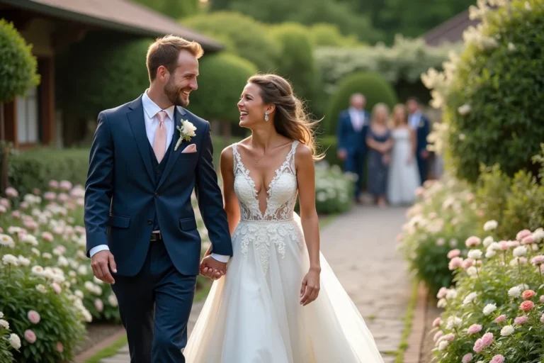 Jeune couple de mariés dans un jardin lors de leur mariage