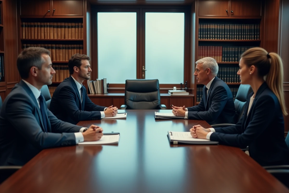 Couple en cours de médiation de divorce entouré de leurs avocats dans un cabinet juridique professionnel