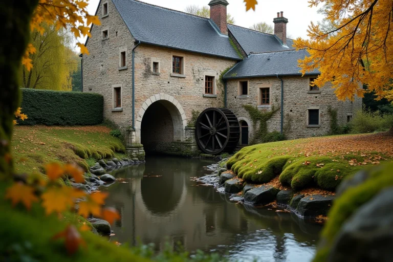 Moulin en pierre historique de La Pommeraye au bord d'une rivière calme entouré de végétation automnale en Normandie