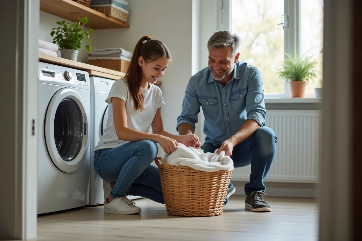 Papa et fille trient le linge dans la buanderie lumineuse