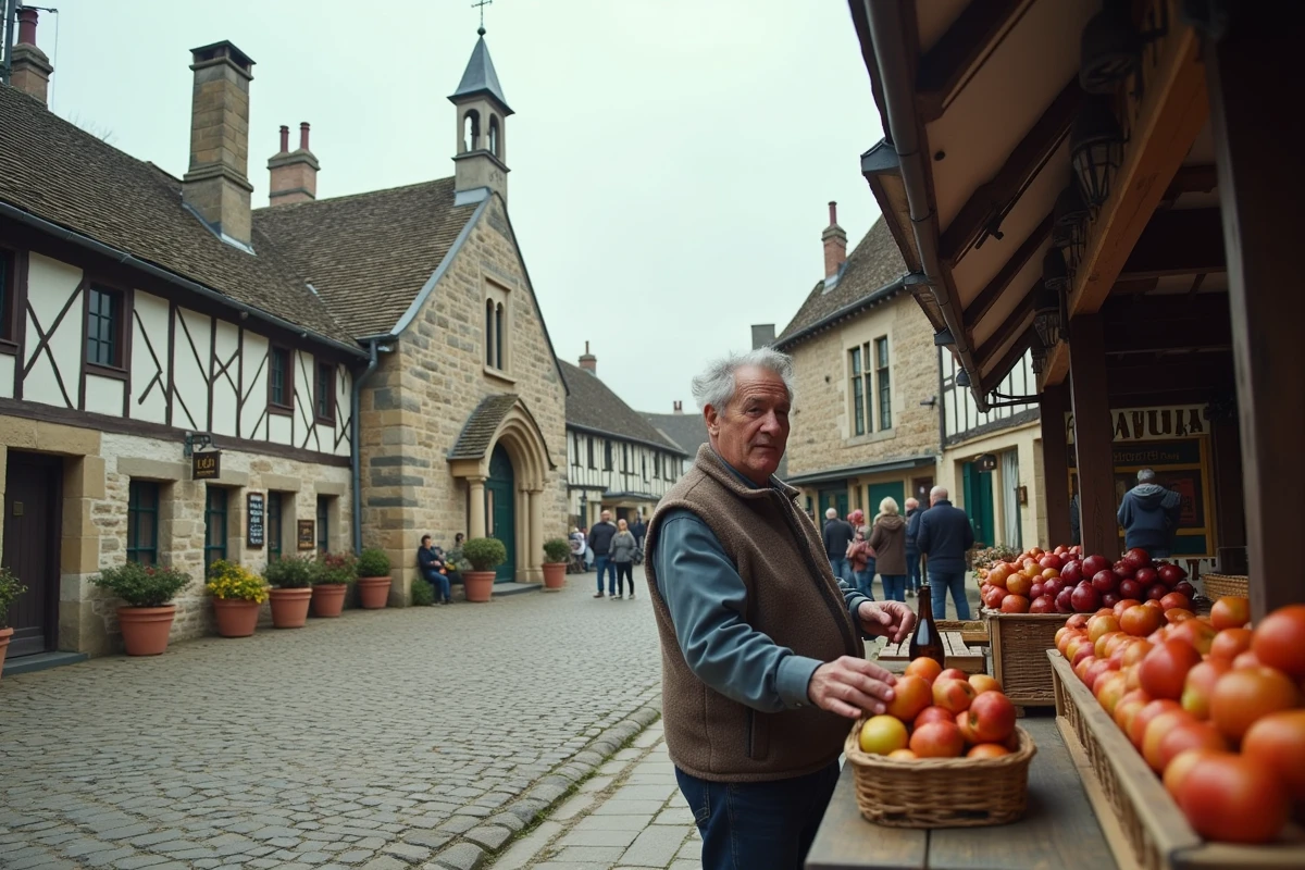 Place du village de La Pommeraye avec église normande en pierre et marché artisanal local au cidre et aux pommes