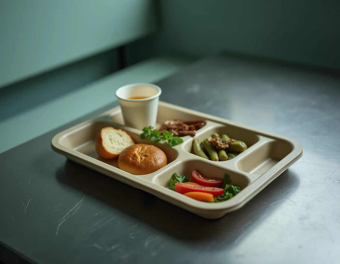 Plateau repas de détenu en prison avec portions standards, illustrant les droits alimentaires et le coût de la cantine carcérale