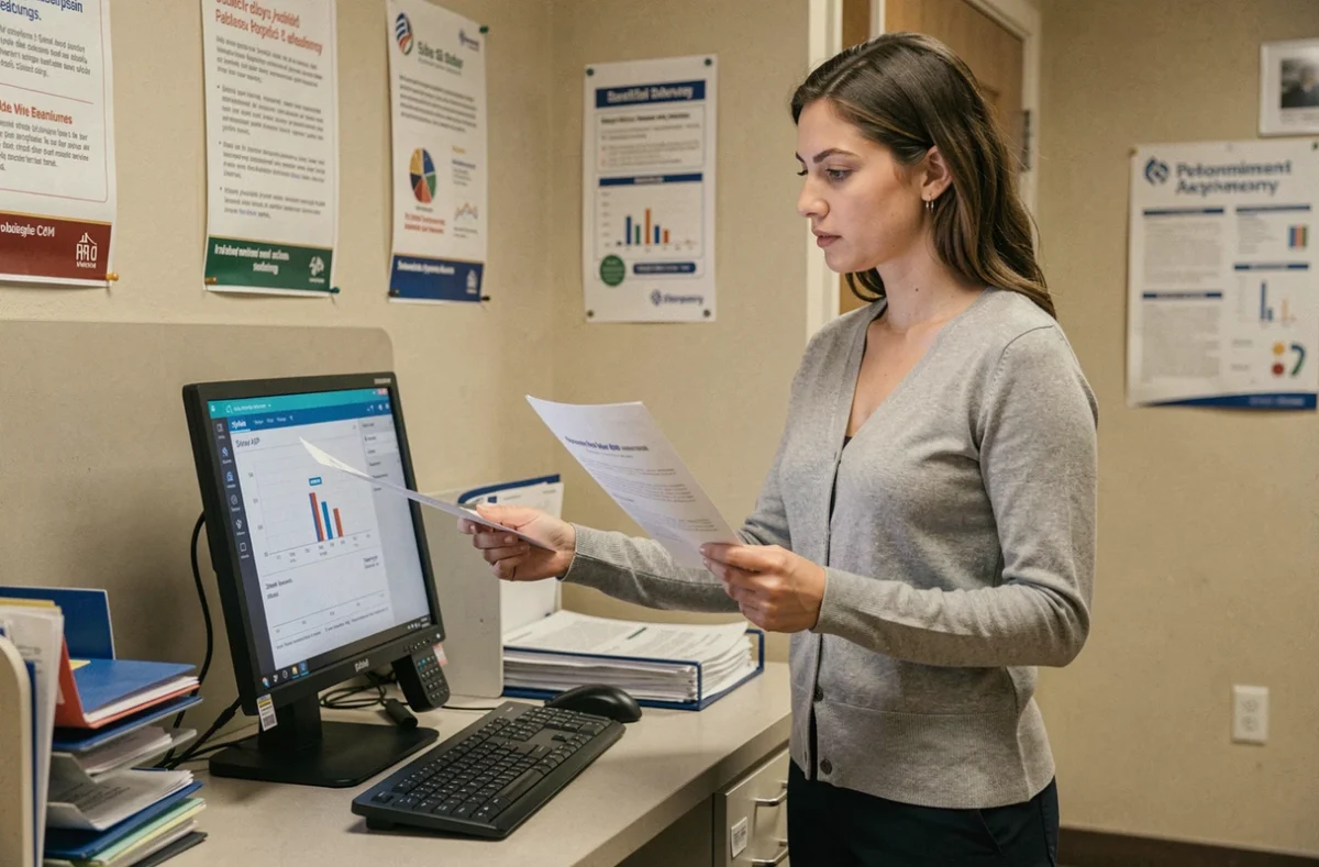 Conseillère consultant le portail Sylae ASP dans une agence pour l'emploi avec document imprimé à la main