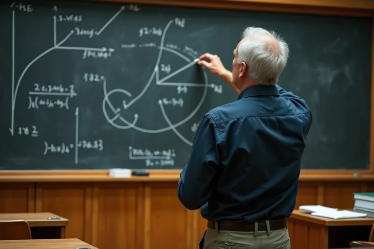 Professeur de physique devant un tableau avec des schémas des 4 dimensions de l'univers dans une salle de cours universitaire