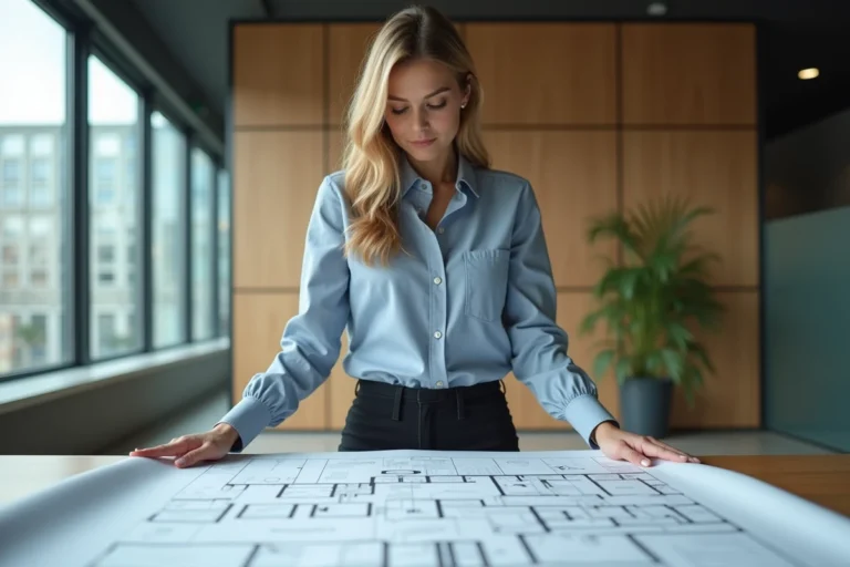 Femme professionnelle regardant un plan architectural