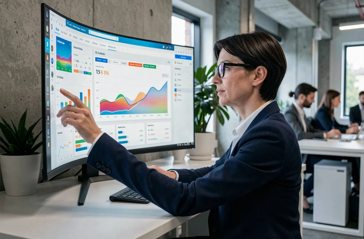 Professionnelle analysant les tendances web sur un tableau de bord analytique dans un bureau moderne