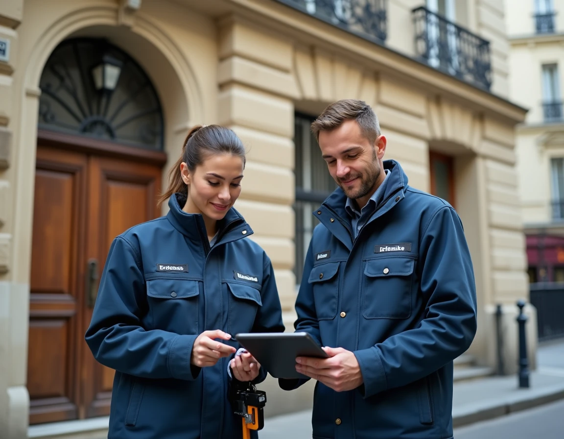 Deux professionnels de l'entretien consultant une liste de contrôle devant un immeuble haussmannien parisien