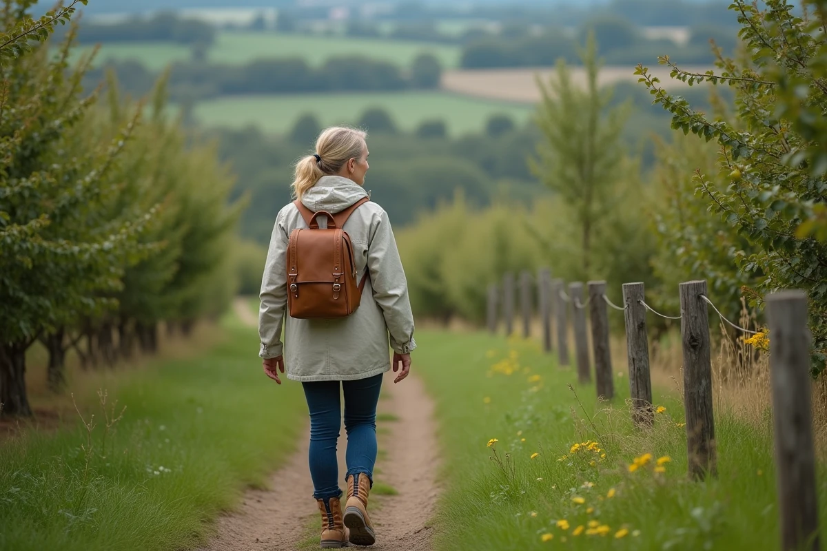 Femme randonneuse explorant un sentier de nature à travers les vergers et bocages de La Pommeraye en Normandie