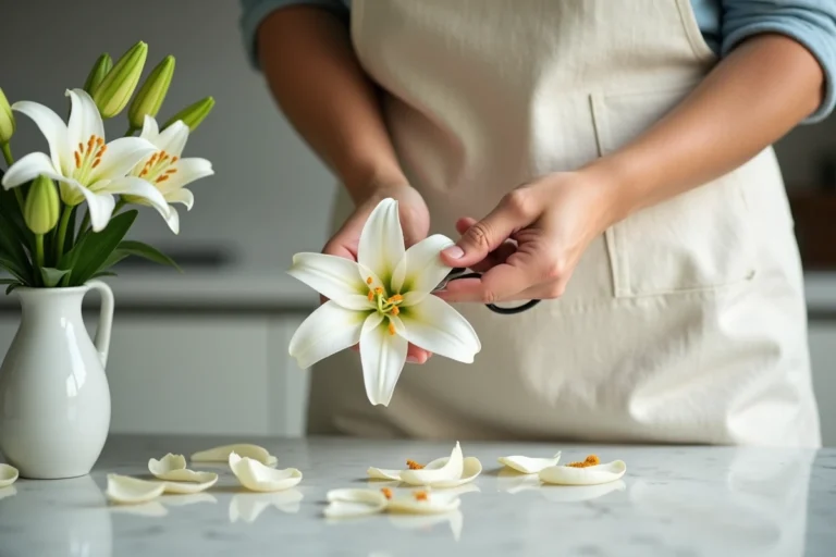 Femme retirant les pistils d'un lys blanc avec des ciseaux sur un plan de travail en marbre pour une décoration intérieure soignée