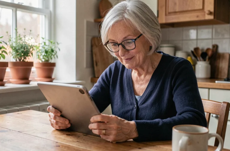 Senior femme souriante utilisant une tablette numérique à la cuisine pour trouver des ressources du quotidien