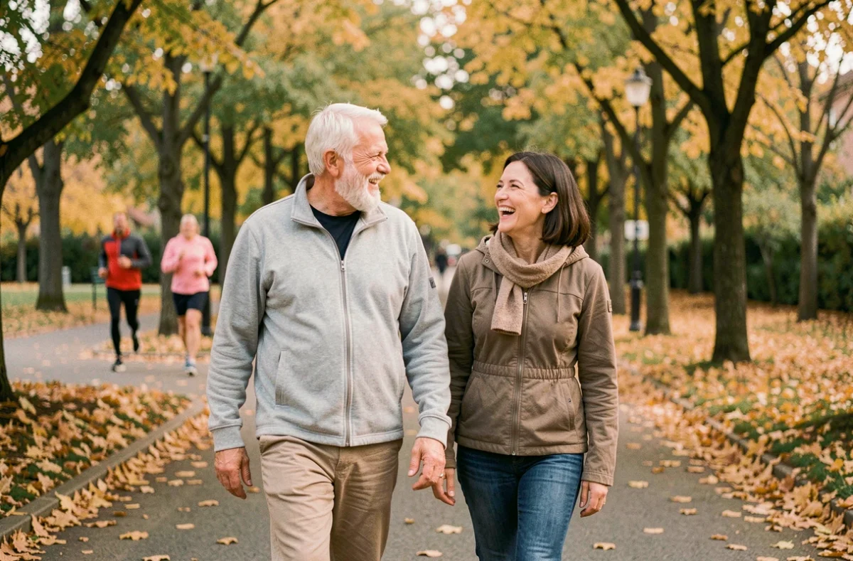 Senior homme marchant avec une accompagnatrice dans un parc en automne illustrant l'aide au quotidien des personnes âgées