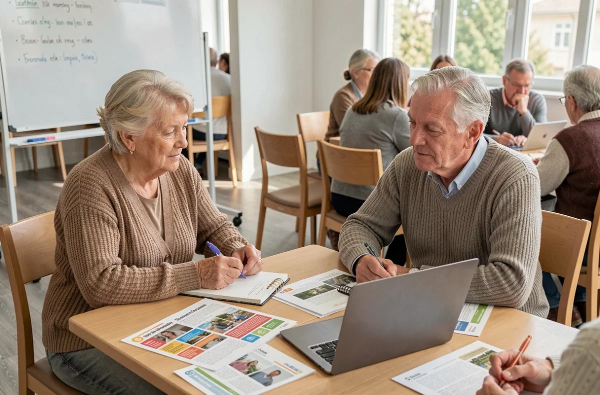Groupe de seniors participant à un atelier d'information sur les ressources pour améliorer la vie quotidienne