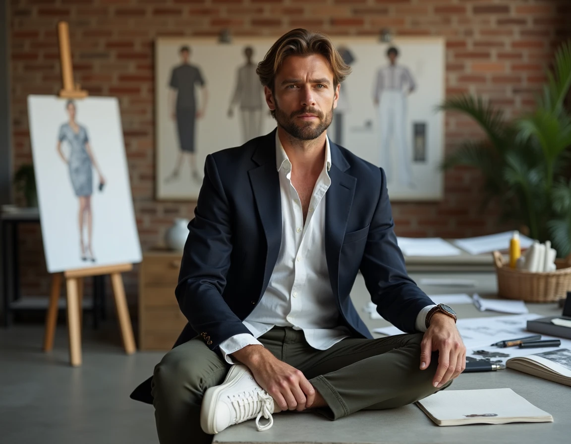 Styliste masculin en blazer déconstruit dans un studio de mode contemporain entouré d'esquisses et de matières textiles