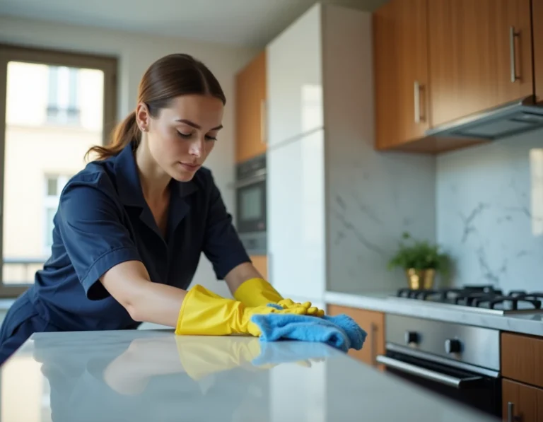 Technicienne de nettoyage professionnel essuyant un plan de travail en marbre dans une cuisine moderne