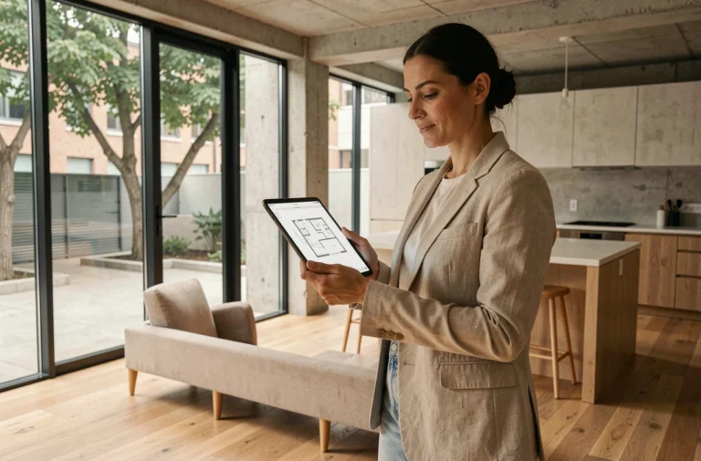 Femme architecte d'intérieur consultant des plans sur tablette dans un salon rénové au style scandinave avec béton apparent et parquet en chêne