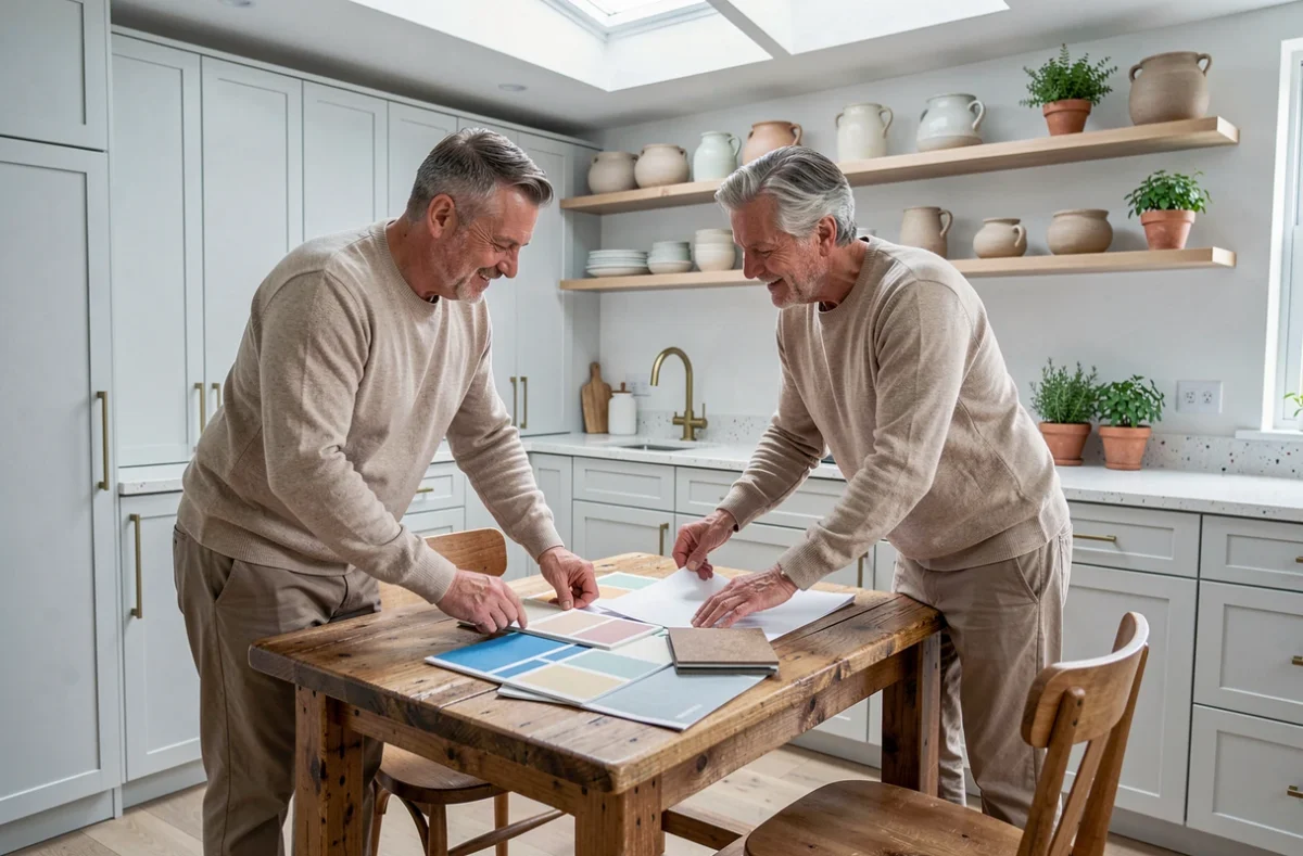 Couple examinant des échantillons de matériaux et des nuanciers de peinture dans une cuisine moderne avec plan de travail en terrazzo et robinetterie en laiton brossé