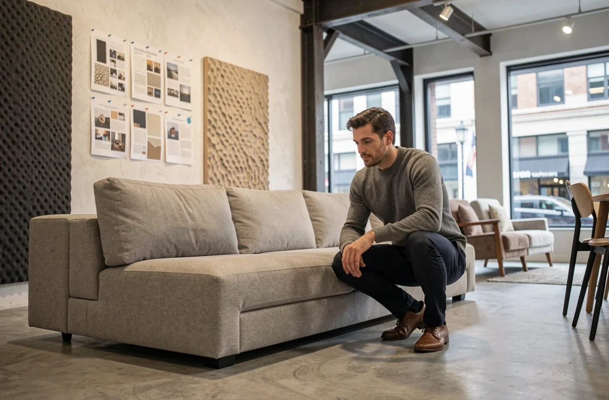 Designer d'intérieur masculin inspectant un prototype de canapé modulaire dans un showroom de design contemporain avec sol en béton ciré et panneaux muraux texturés