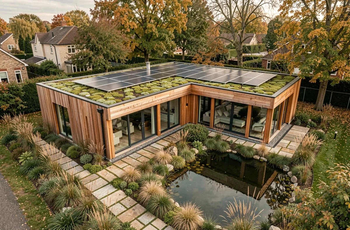 Vue aérienne d'une maison écologique moderne avec toiture végétalisée, panneaux solaires et bardage en bois intégrés dans un jardin paysager avec plantes natives