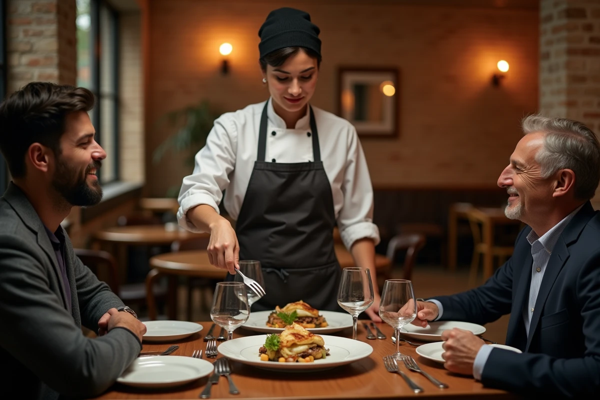 Cheffe cuisinière valorisée par des clients admiratifs devant un plat gastronomique dans un bistrot
